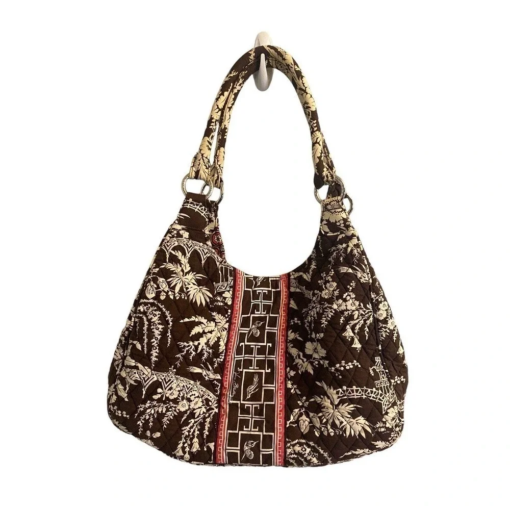 Vera Bradley Imperial Toile Large Hobo Shoulder Bag Brown White Pink Birds - Picture 2 of 16